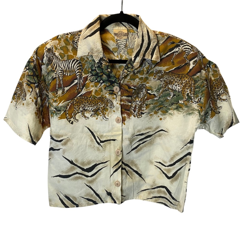 Republic Denim Safari Animal Print Shirt Women Medium Cream Leopard Vintage 90's